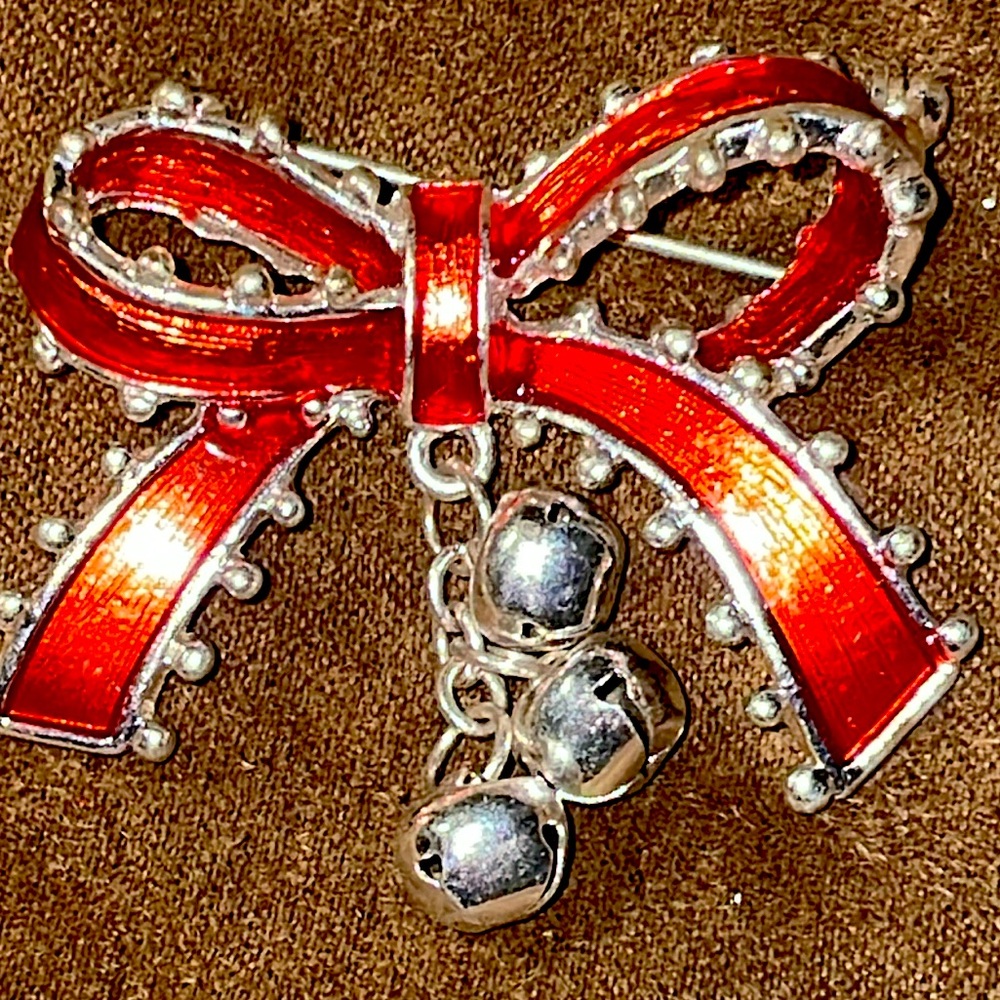 Vintage Bright Red Ribbon Silver Bells Brooch